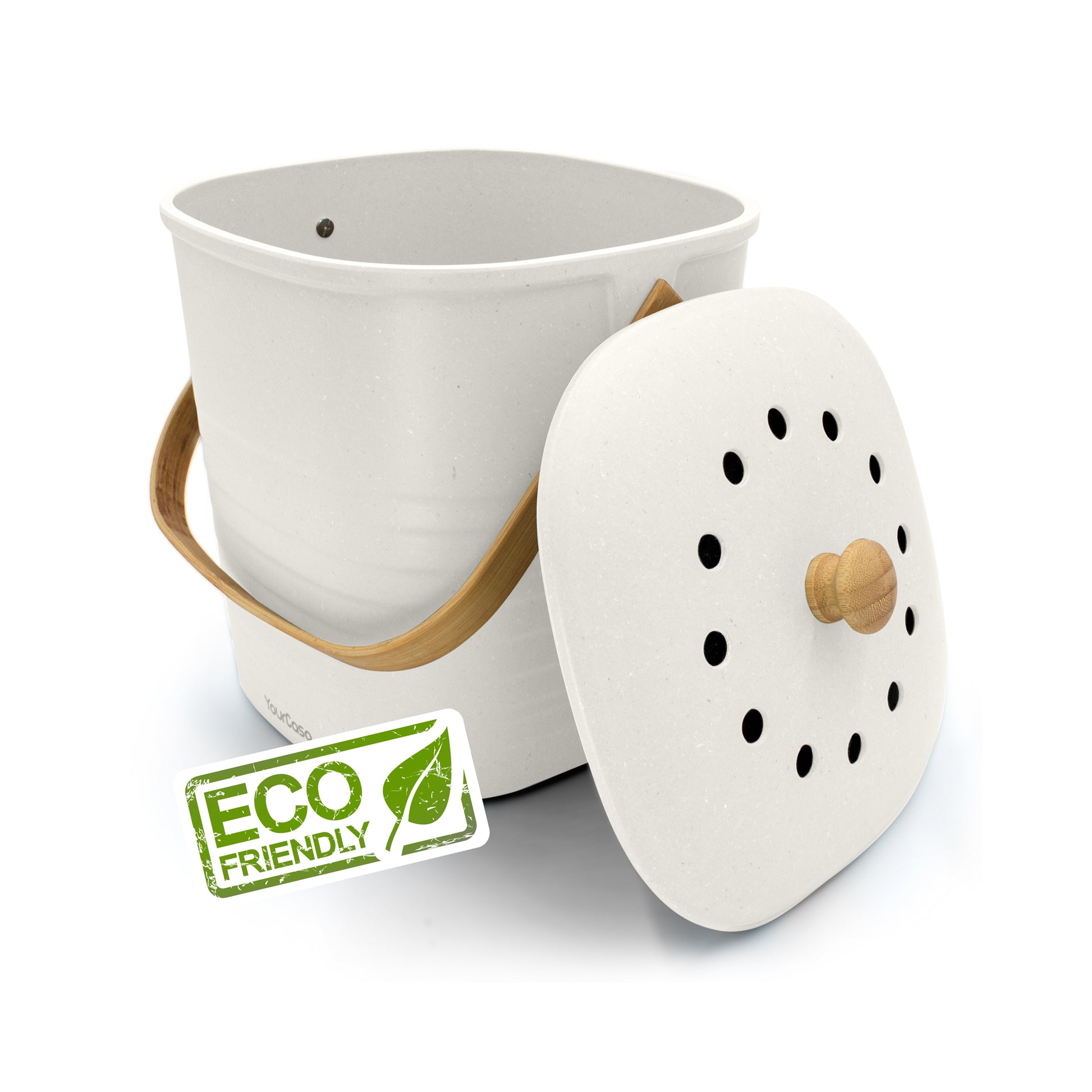 YourCasa® Komposteimer Küche mit Aktivkohlefilterdeckel und natürlichem Holzgriff.