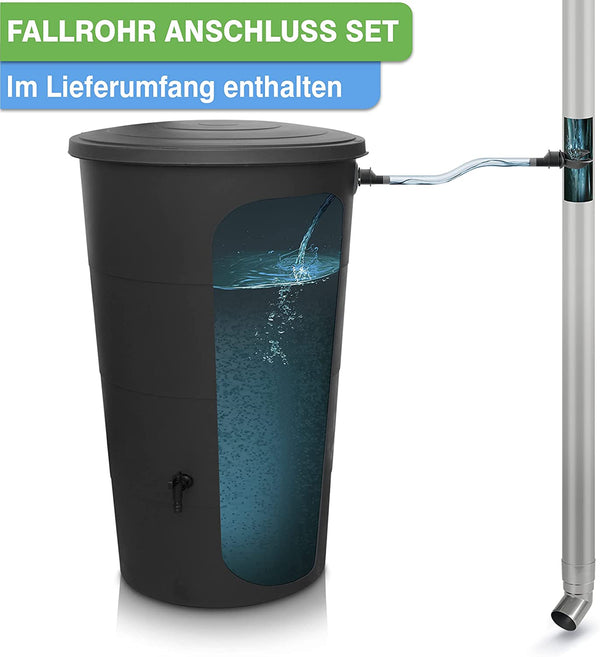 Regenwassersammelsystem mit einer YourCasa Regentonne mit Regensammler und Wasserhahn – 80/160/200L und Fallrohr-Anschluss-Set.