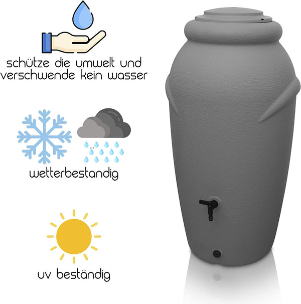 Regenwassersammeltonne mit Regentonne 210/360/440 Liter – Amphore Design von yourcasa-de bietet umweltfreundliche Optionen, einschließlich UV-Beständigkeit und Wetterbeständigkeit, hervorgehoben mit Symbolen für Wassereinsparung und Umweltschutz.