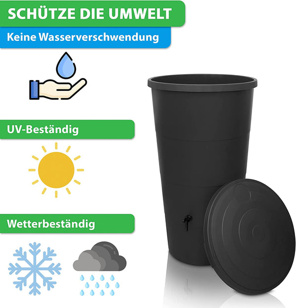 Eine schwarze YourCasa Regentonne mit Regensammler und Wasserhahn – 80/160/200L, die als uv-beständig und wetterbeständig beworben wird, mit Symbolen, die yourcasa-de.