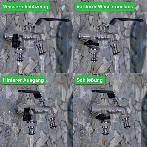 Vier Konfigurationen eines yourcasa-de YourCasa® Wasserhahn Garten - Messing, Frostsicher, inkl. Zubehör Zweiauslasshahns mit beschrifteten Funktionen: gleichzeitiger Wasserfluss, vorderer Wasserauslass, hinterer Auslass und geschlossene Position.