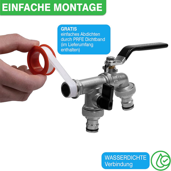 Manuelle Installation eines roten Dichtungsrings an einem multidirektionalen YourCasa®-Wasserhahn für Gartenanwendungen aus Metall mit Text, der die einfache Montage und eine wasserdichte Verbindung für YourCasa-Regentonnen hervorhebt.