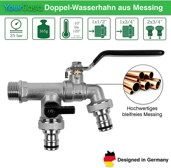 Doppelter YourCasa® Kugelauslaufhahn aus Messing mit separaten Ausläufen und Hebelgriffen, entworfen in Deutschland.